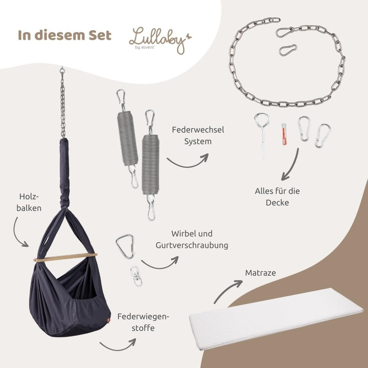 elvent® Lullaby Federwiege Set mit Matratze, Baumwolle, Made in Germany (Baby Hängewiege mit Deckenb
