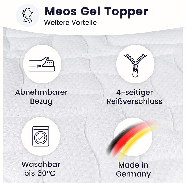 Meos® Gel-Schaum Topper 200x200 für Matratzen & Boxspringbett - Made in Germany - hohes RG50 - Bezug