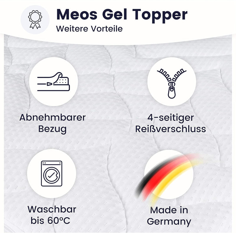 Meos® Gel-Schaum Topper 200x200 für Matratzen & Boxspringbett - Made in Germany - hohes RG50 - Bezug