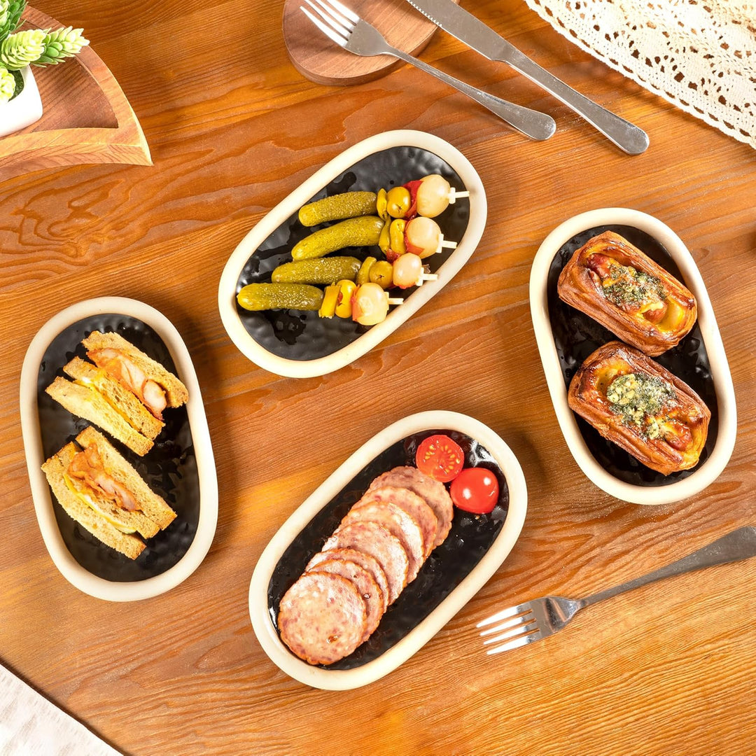 Urban Lifestyle Ovale Dessertteller Set 4er Schwarz 19,5 x 11,5 cm, Rustikale Keramik Tapasteller au