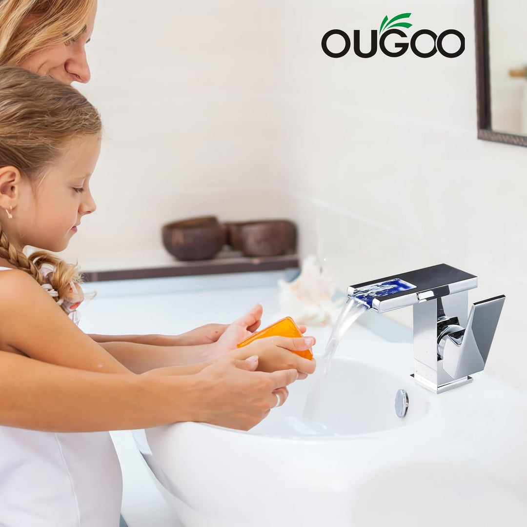 Batterielose LED Wasserhahn Bad, OUGOO Wasserfall RGB 3 Farbwechsel Waschtischarmatur nach Temperatu