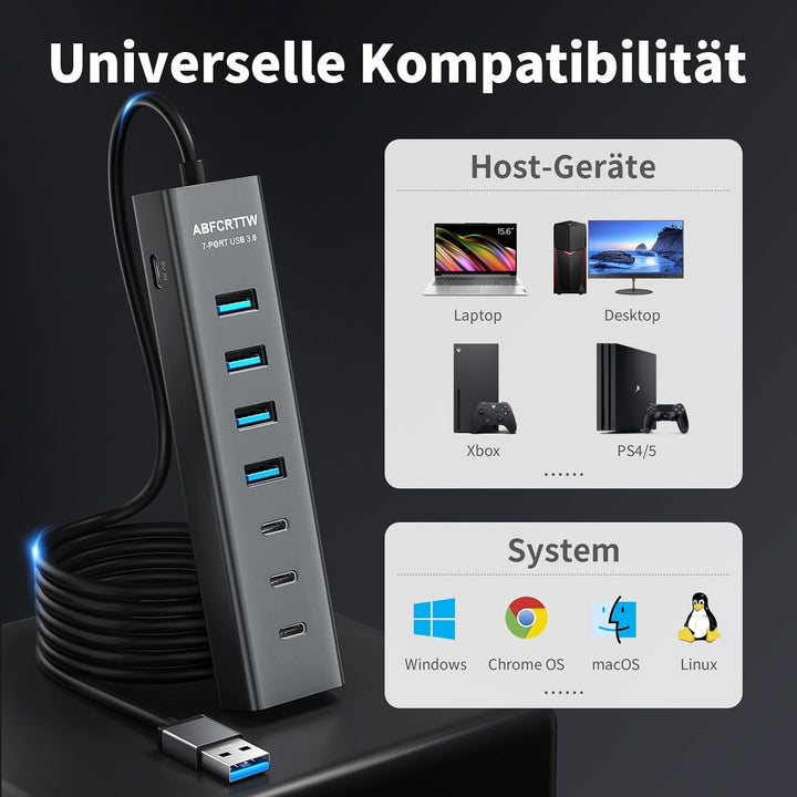 7-Port USB Hub 3.0 mit 120cm Kabel für Desktop, Aluminium USB Verteiler 5Gbps Multiport Adapter mit