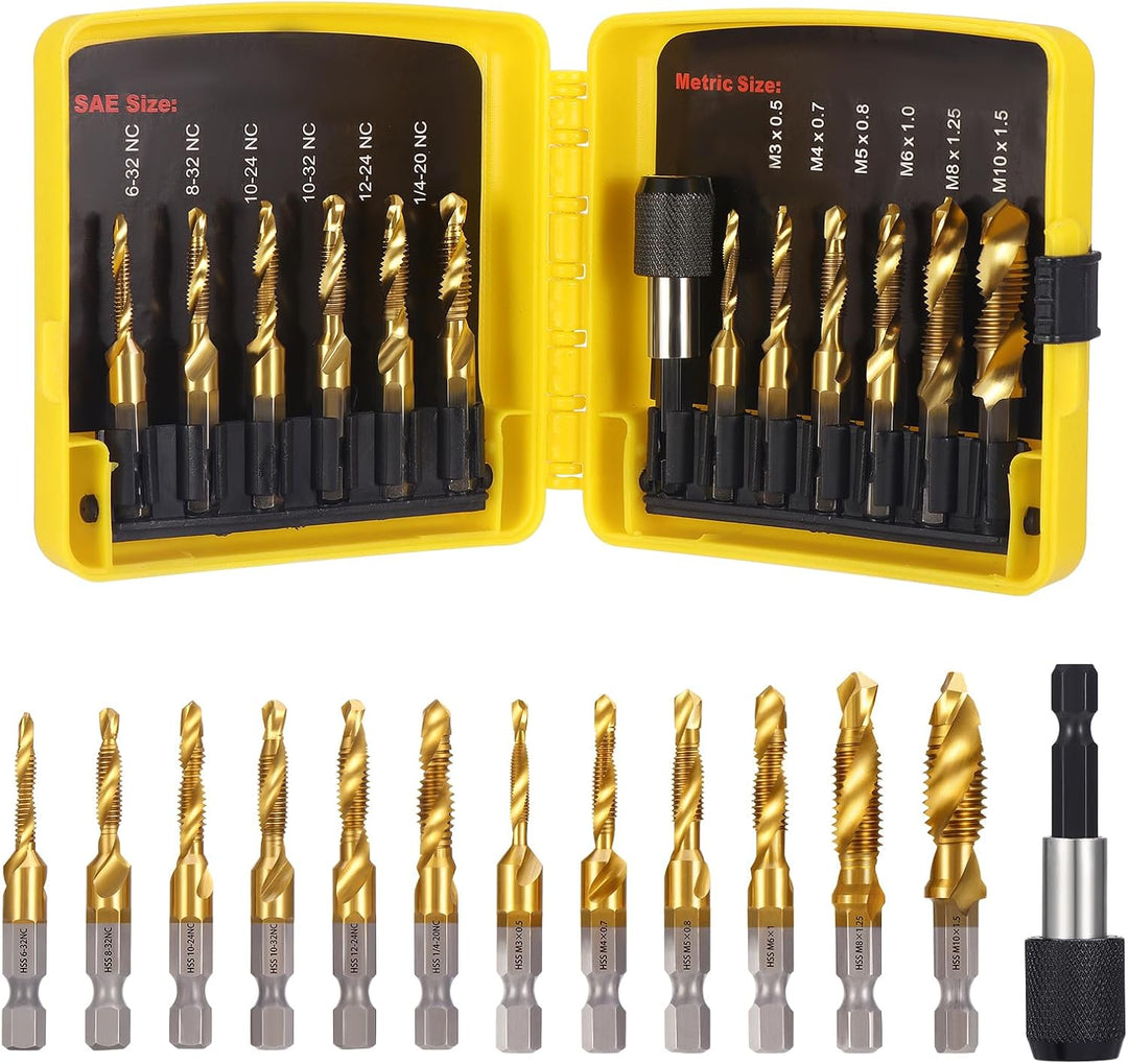 HSEAMALL 13 Stück Gewindebohrer Set,Kombi-Bohrer Gewindebohrer Bit Satz 6mm HSS M3-M10 Gewindeschnei