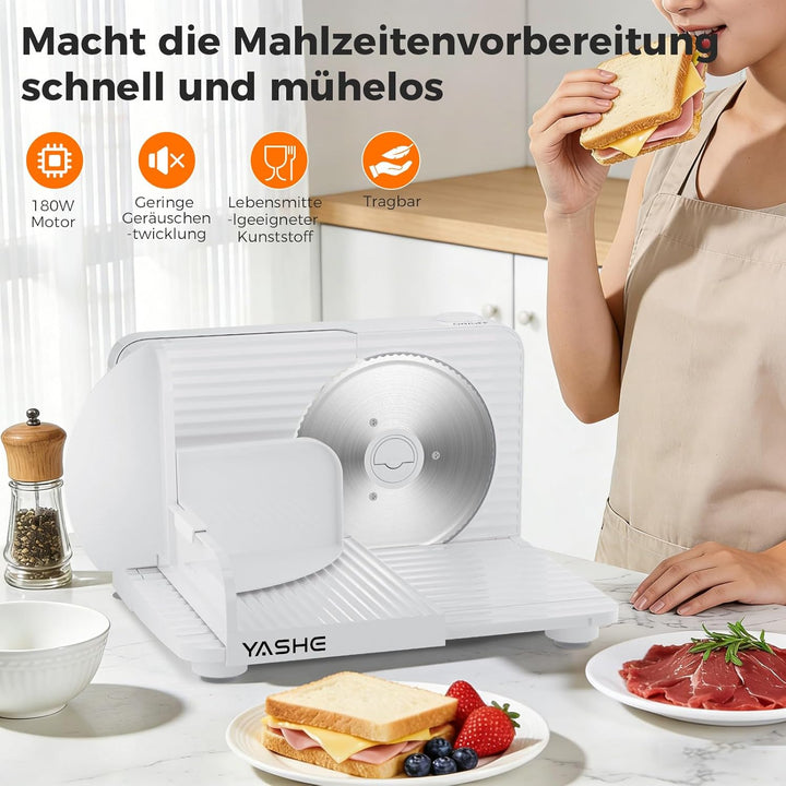 YASHE Faltbarer Elektrischer Allesschneider, 180W Brotschneidemaschine, Einstellbare Dicke 0–15 Mm,