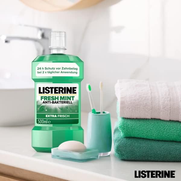 LISTERINE Fresh Mint (500 ml), antibakterielle Mundspülung mit ätherischen Ölen & Minzgeschmack, Mun