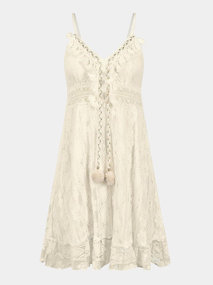 CUPSHE Damen Sommerkleid V Ausschnitt Floral Spitze Quasten Spaghetti Trägerkleid Freizeitkleider Bo