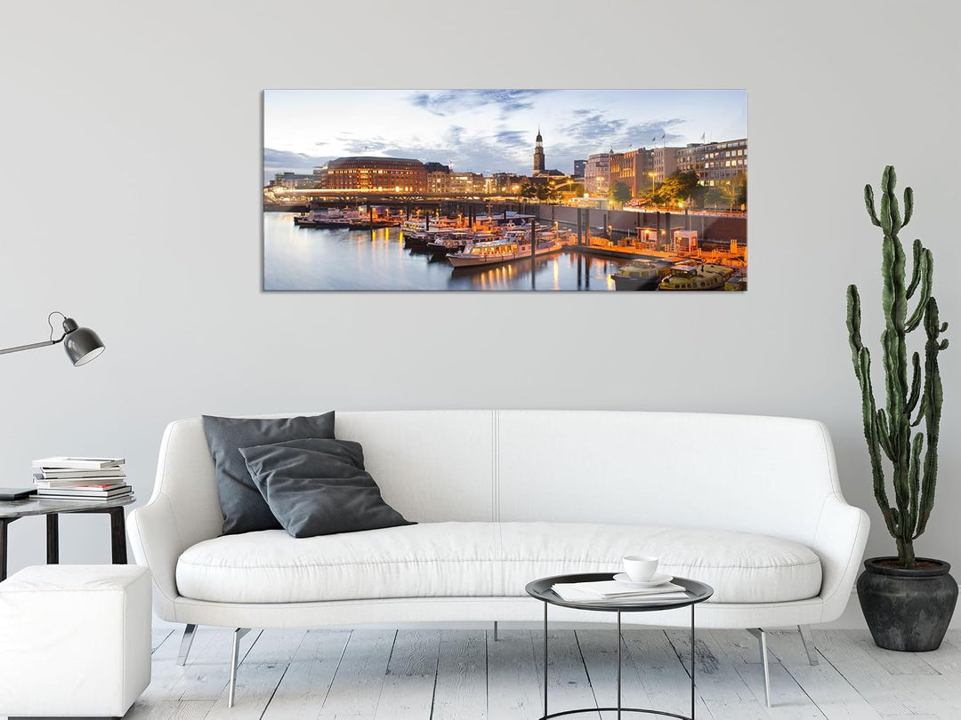Pixxprint Glasbild Panorama, Wandbild aus Echtglas, Hamburger Hafen am Abend, 100x40 cm, inkl. Aufhä