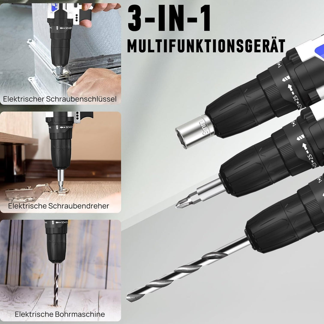 Akku-Bohrschrauber Akkubohrer 21V Akkuschrauber Set mit 2×1,5Ah Akkus, LED Arbeitslicht, 2-Gang, 45N
