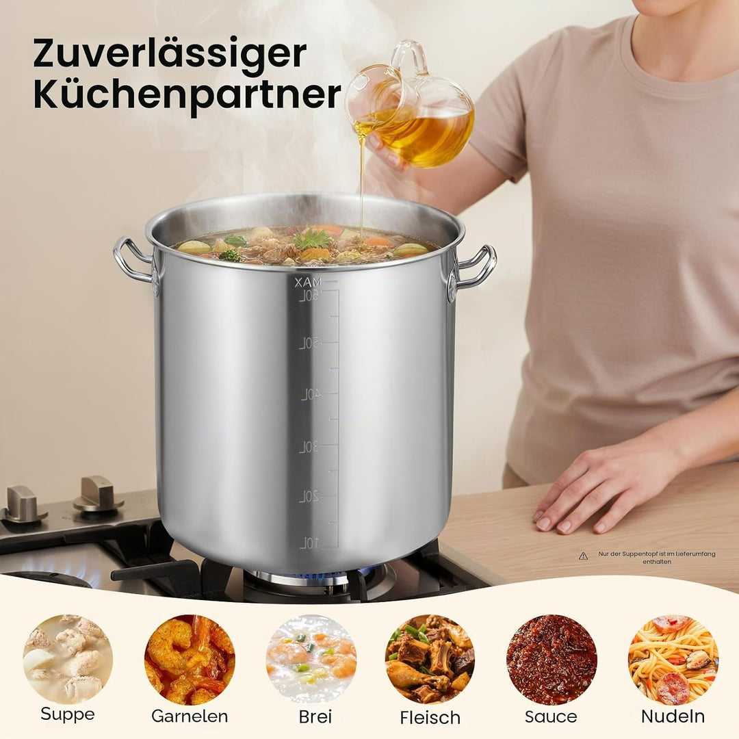 Edelstahl Suppentopf 70L Ø45cm, Grossvolumiger Kochtopf aus 201 Edelstahl mit Versenkdeckel &amp; Griffe