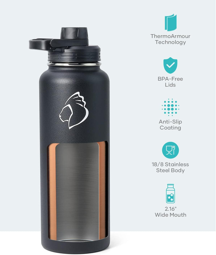 Trinkflasche mit Strohhalm, BUZIO Edelstahl Trinkflasche 1180ml Thermosflasche mit Strohhalm Deckel