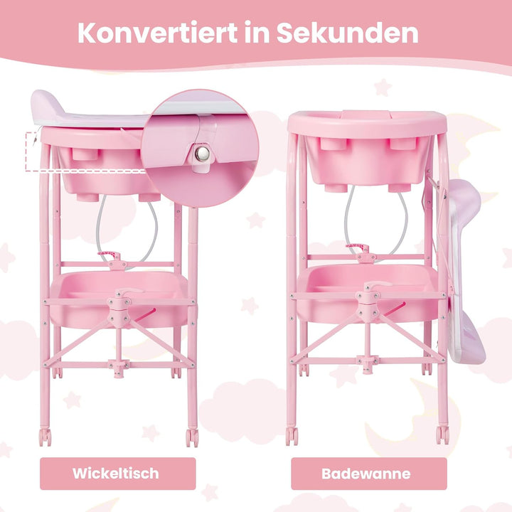 COSTWAY 4 in 1 Wickeltisch klappbar mit Badewanne, tragbare Wickelkommode mit Wickelauflage, mobile
