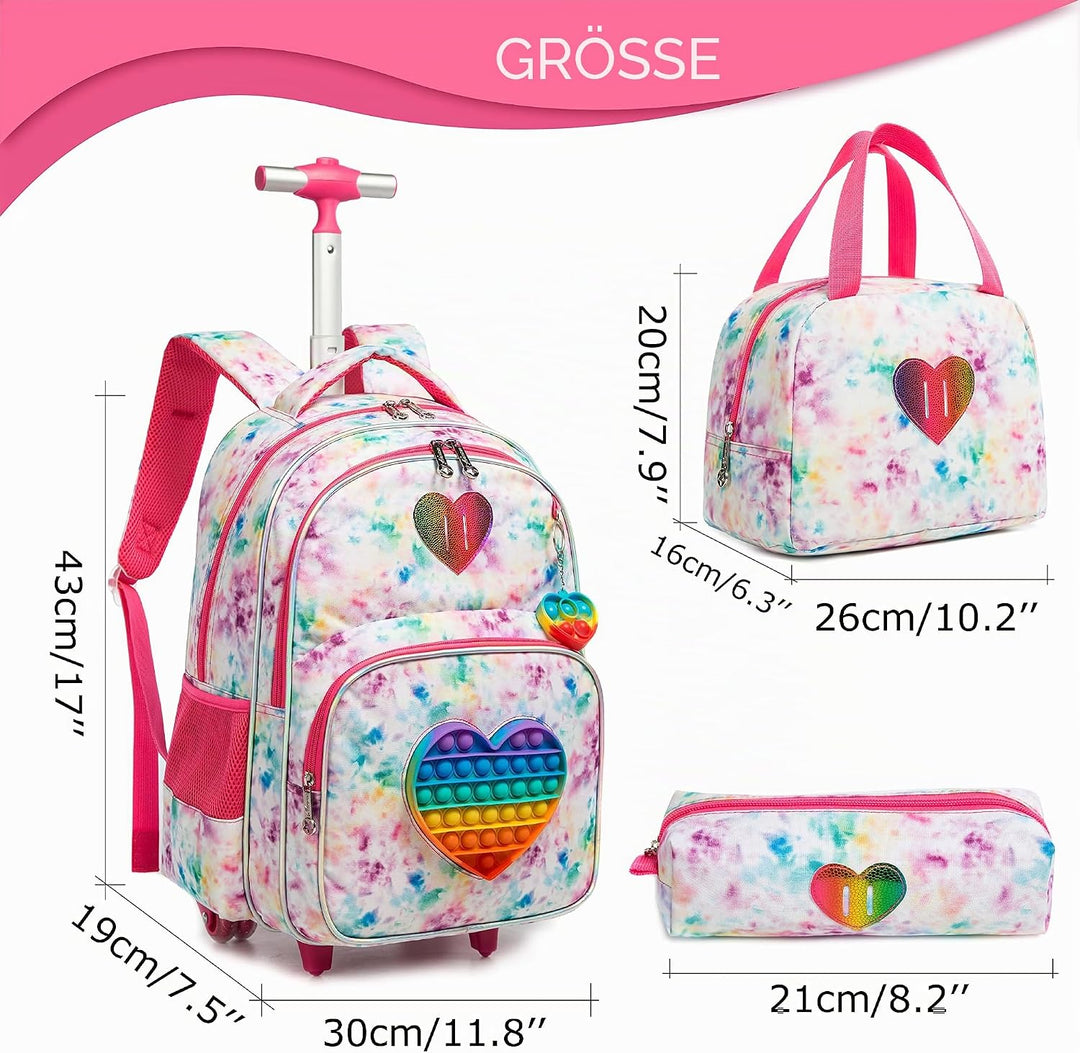 HTgroce Schulranzen mit Rollen für Mädchen Pop it Rucksack 16 Zoll Set 3 in 1 mit Lunch Bag Kinderga