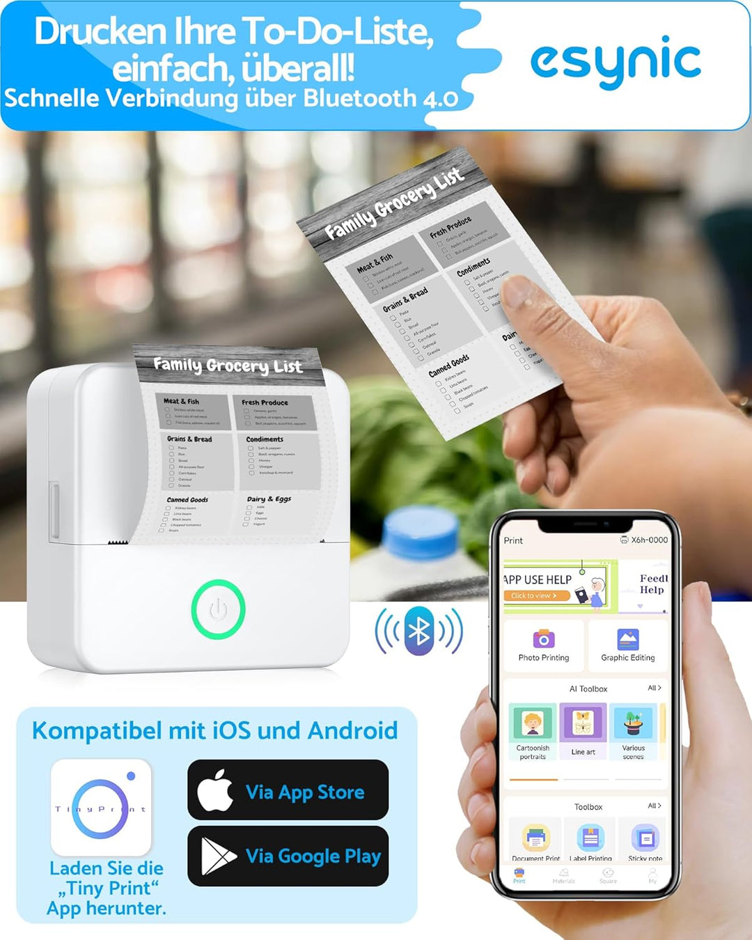 eSynic Tragbarer Mini-Drucker, kompatibel mit Android und iOS, Thermodrucker ohne Tinte oder Toner,