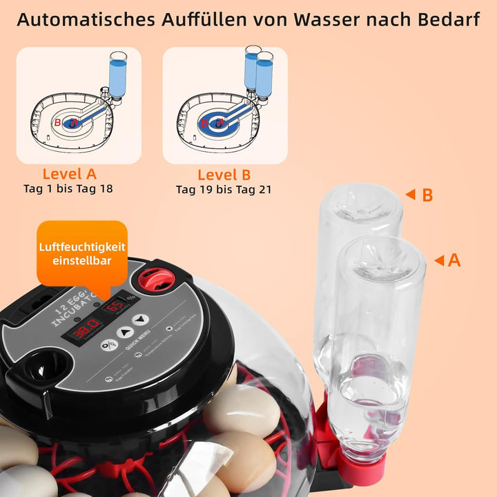 Brutautomat Vollautomatisch Eierinkubator 12 Eier mit Wasserversorgung,Automatischem Eierwender und