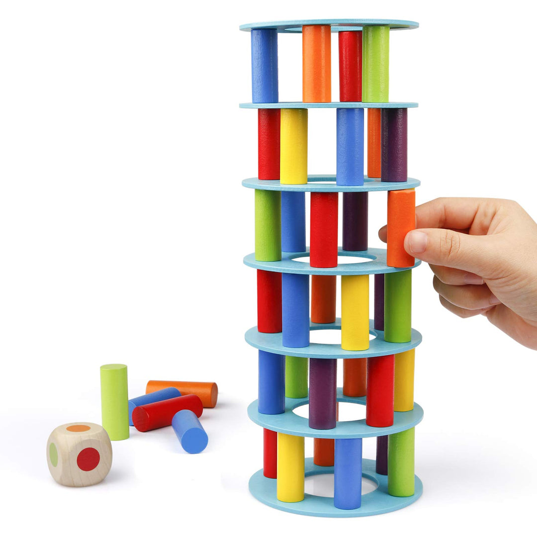 Coogam Hölzern Turm Stapelspiel, Feinmotorik-Bausteine mit Würfeln Schiefer Turm Spielzeug Montessor
