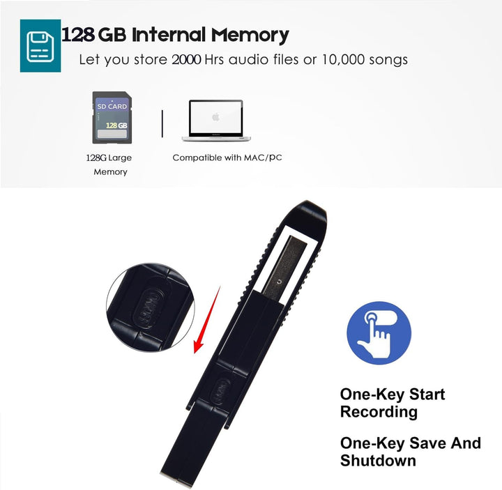 128GB USB Diktiergerät Digital, 3072kbps Aufnahmegerät Voice Recorder mit Spracherkennung und One-To