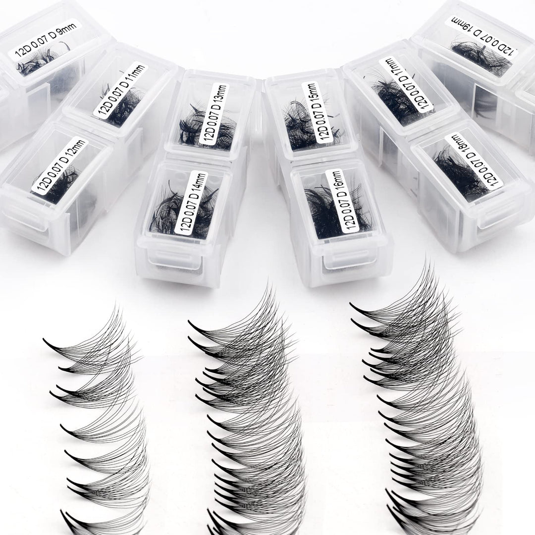 12D Gefächerte Volumen Wimpern 1200 Pcs Fertig Fächer Wimpernverlängerung C Curl 0.07mm 9-20mm Mixed