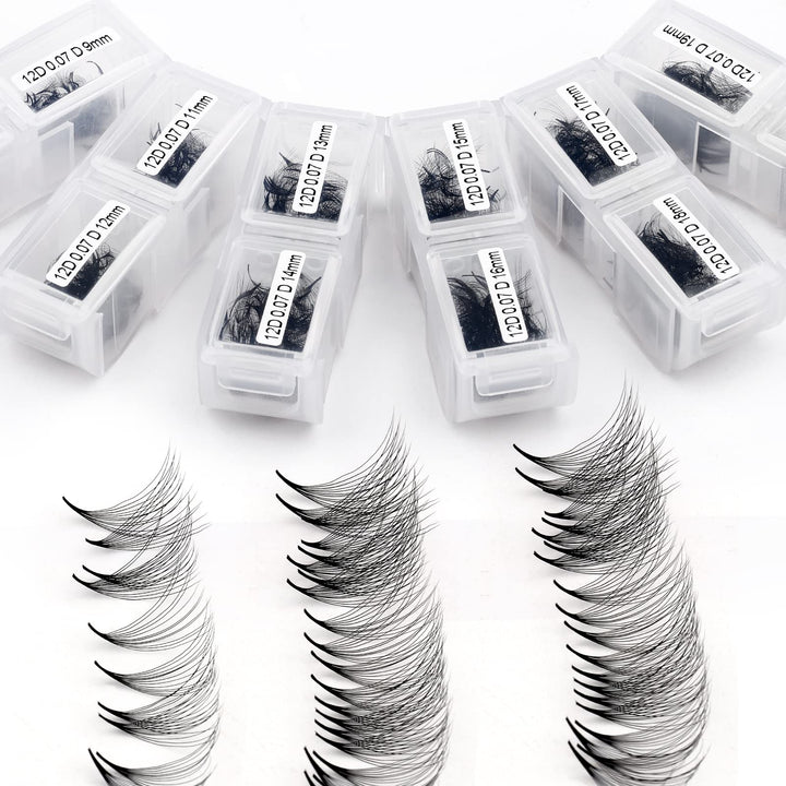 12D Gefächerte Volumen Wimpern 1200 Pcs Fertig Fächer Wimpernverlängerung C Curl 0.07mm 9-20mm Mixed