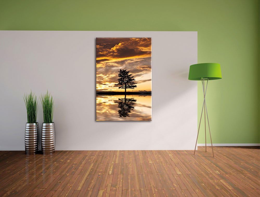 Pixxprint Insel im Meer Baum Sonnenaufgang Steine, Format: 100x70 auf Leinwand, 100x70