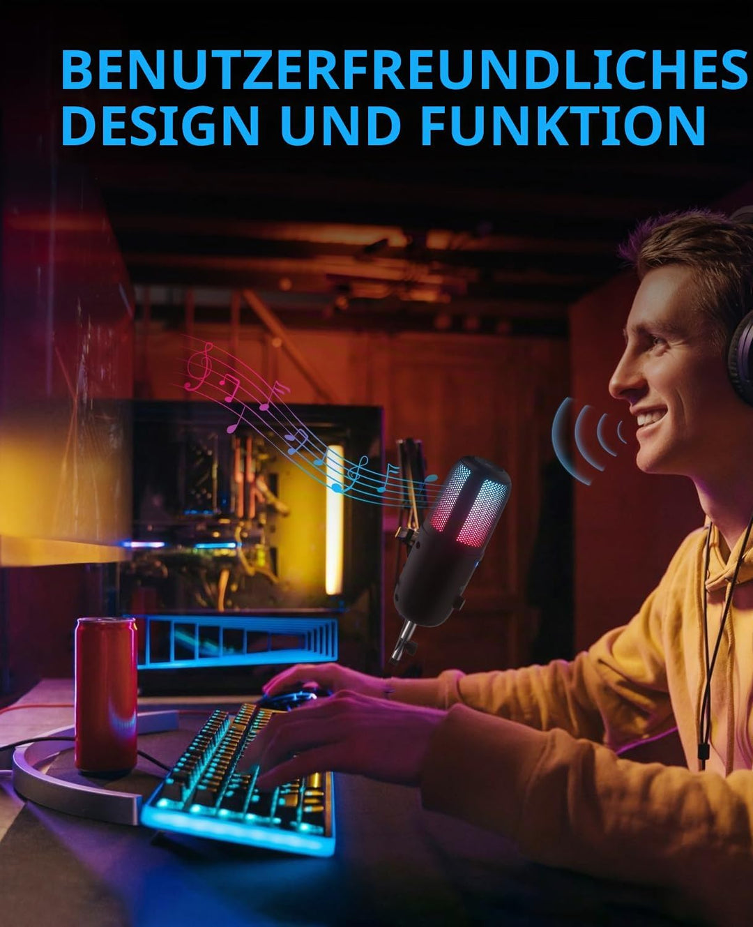 USB Gaming Mikrofon für PC, RGB Kondensator Mikrofon mit Adapter für Handy,Stumm/Gain, Anti-Plosive