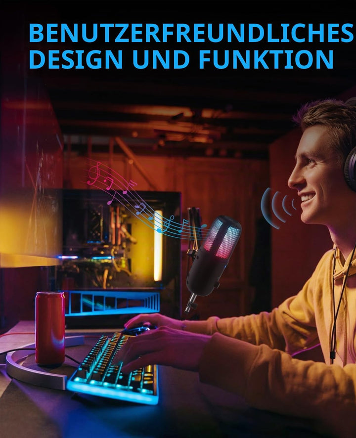 USB Gaming Mikrofon für PC, RGB Kondensator Mikrofon mit Adapter für Handy,Stumm/Gain, Anti-Plosive