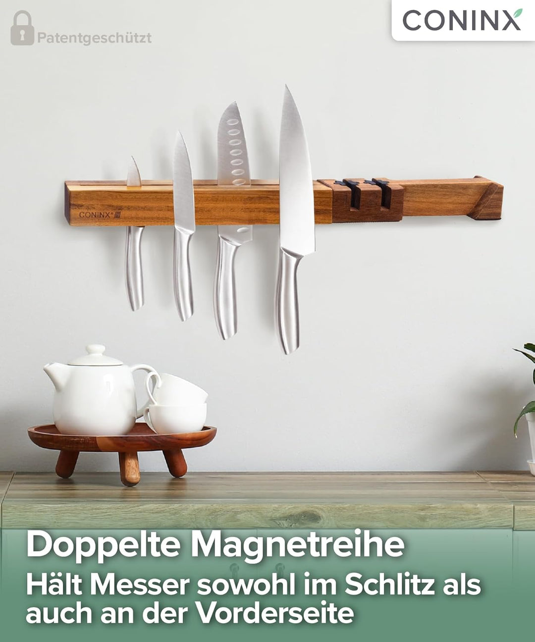 Coninx Wand-Magnetleiste 48 cm aus Akazienholz – Messerleiste mit Doppelreihe & abnehmbarem Doppelsc