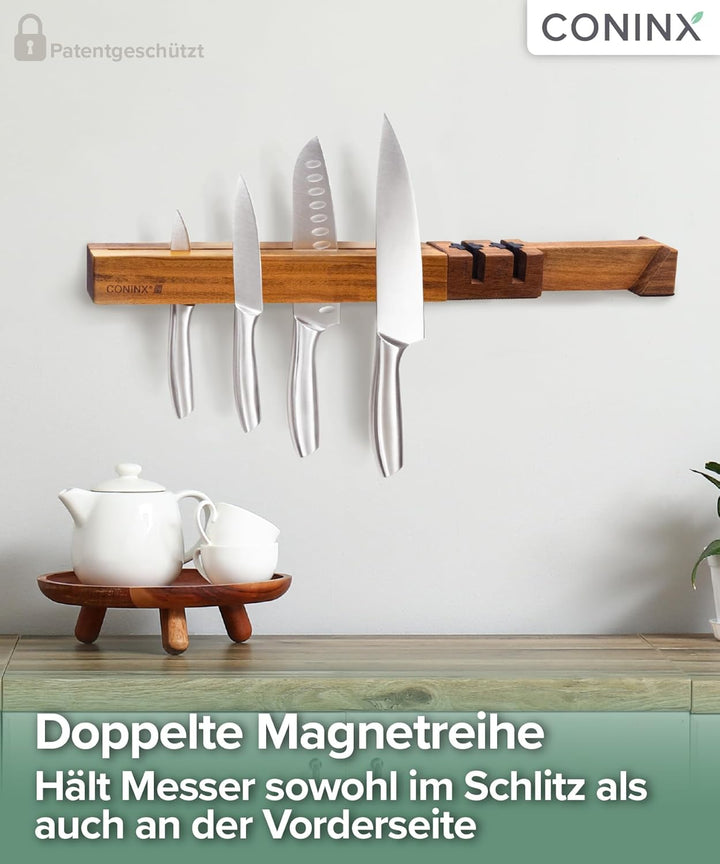 Coninx Wand-Magnetleiste 48 cm aus Akazienholz – Messerleiste mit Doppelreihe & abnehmbarem Doppelsc