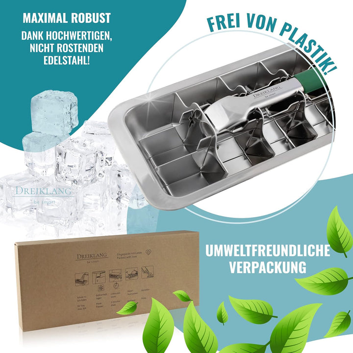 Dreiklang - be smart robuste Eiswürfelform Eiswürfelbehälter hochwertig Edelstahl mit Hebel und kält