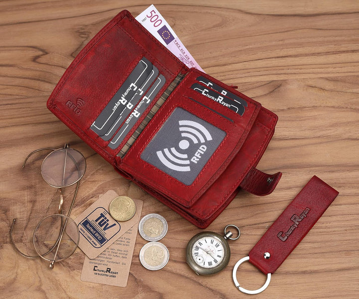 Echtleder Damen Geldbörse Hochwertig Vintage RFID Schutz inklusive Leder Schlüsselanhänger GB-17 Red