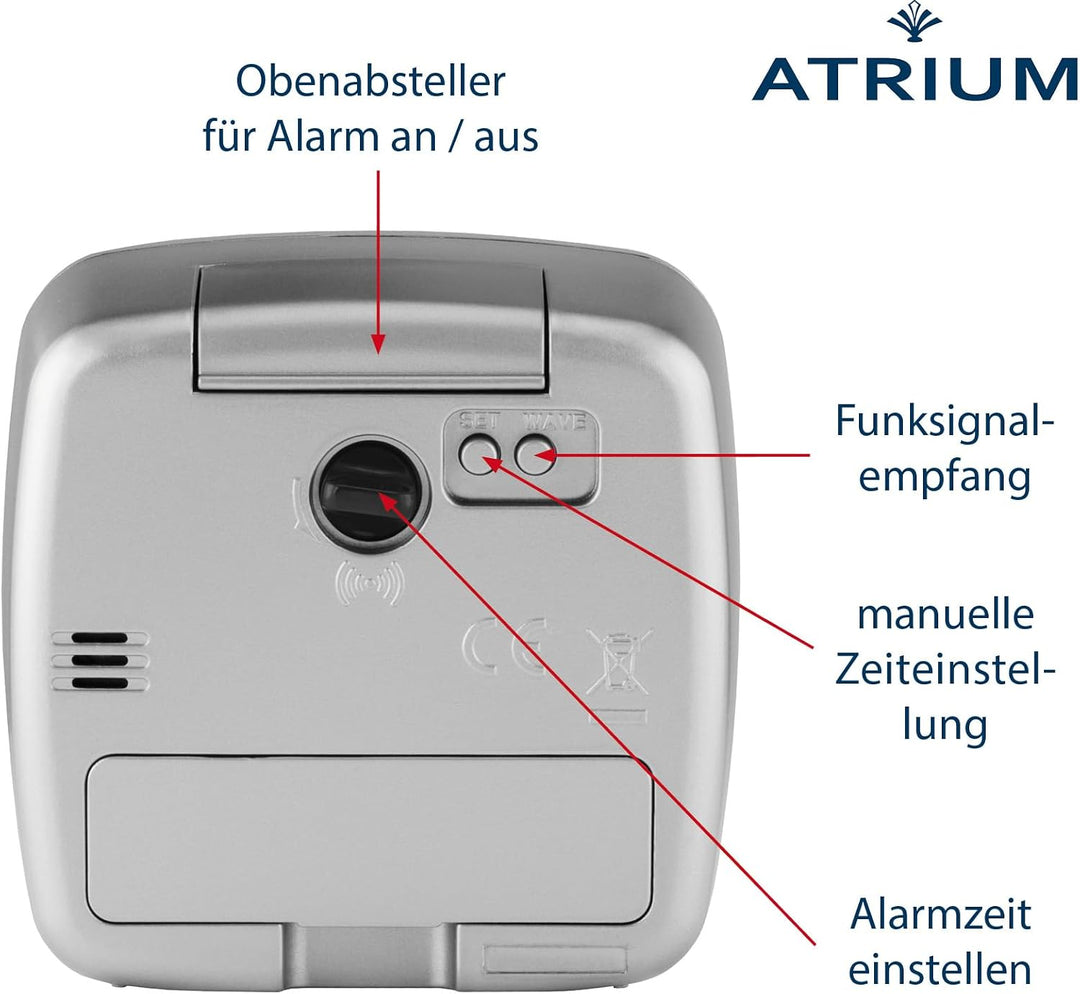Atrium Funkwecker Analog Quarz ohne Ticken grosse Zahlen sehr deutlich mit Licht und Snooze Silber A