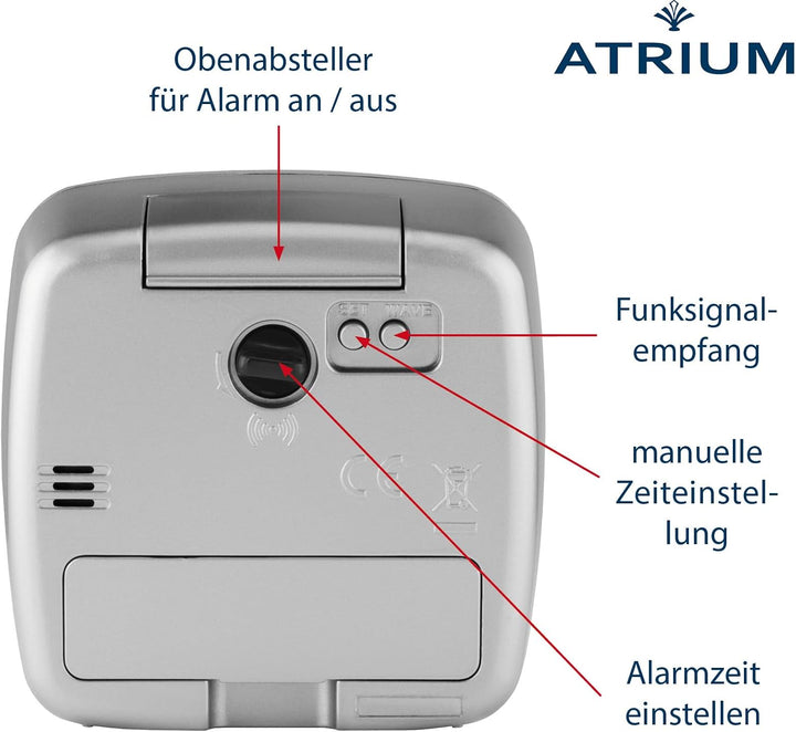 Atrium Funkwecker Analog Quarz ohne Ticken grosse Zahlen sehr deutlich mit Licht und Snooze Silber A