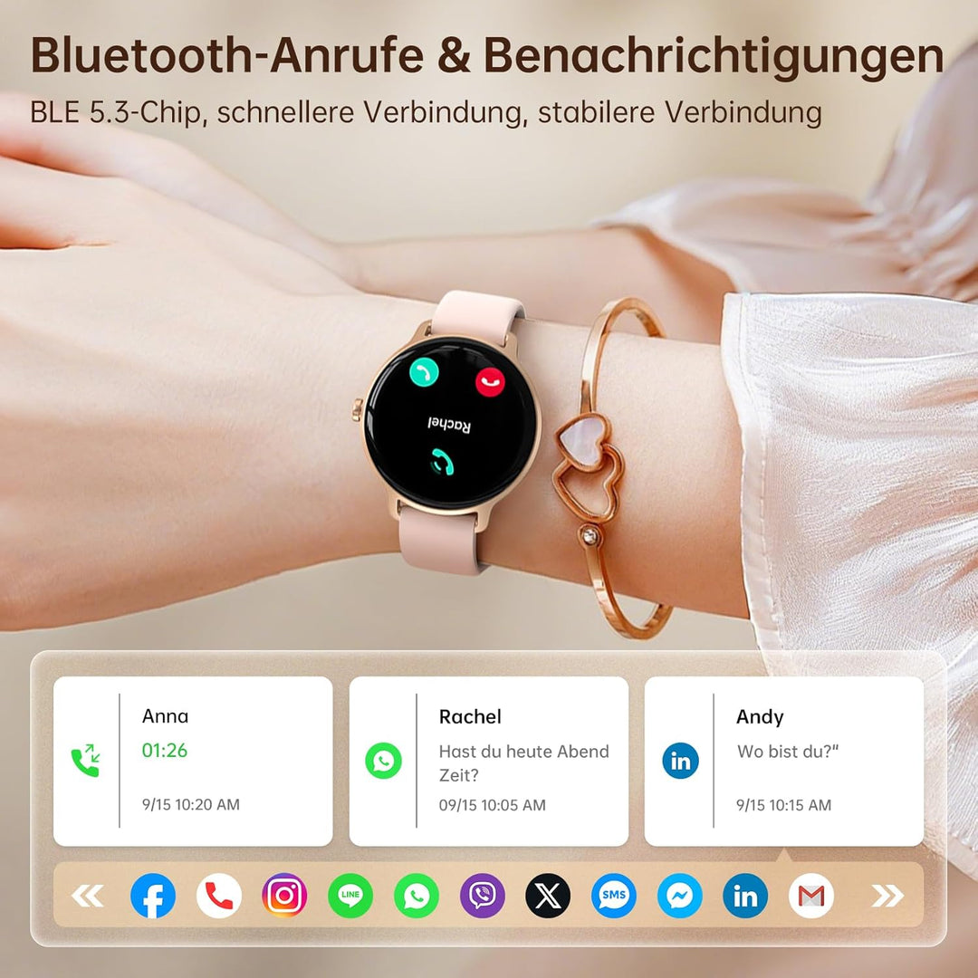 Smartwatch Damen Rund, 1.27" AMOLED Smart Watch mit Telefonfunktion, Fitnessuhr mit Pulsuhr SpO2 Sch