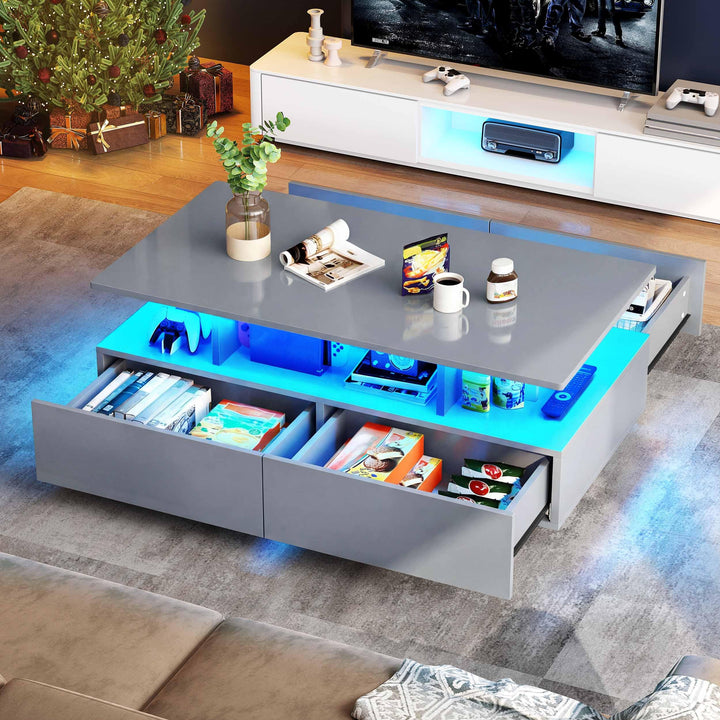 YITAHOME Couchtisch Grau, Wohnzimmertisch Hochglanz mit 16-Farbiger LED Beleuchtung Modern, Beistell