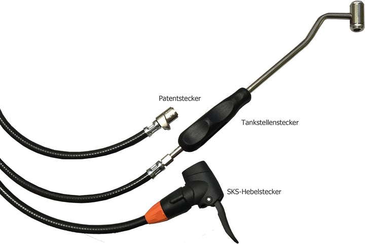 Tyre inflator set with petrol station plug SKS lever plug and patent plug/valve plug