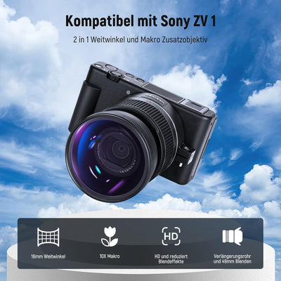 NEEWER Weitwinkelobjektiv kompatibel mit Sony ZV1 Kamera, 2 in 1 18mm HD Weitwinkel und 10 Fach Makr