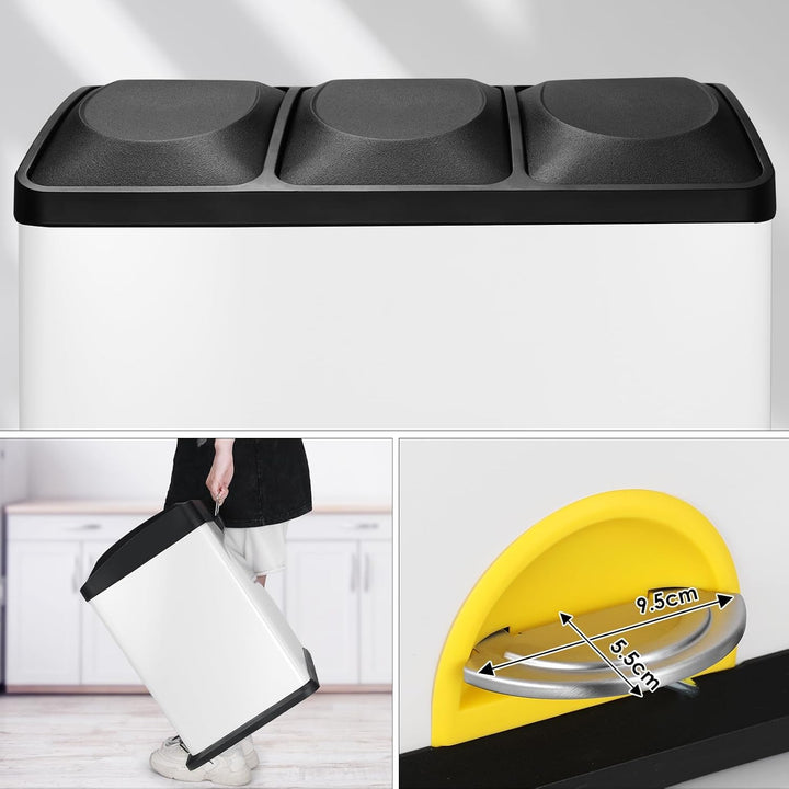 LIFERUN Mülleimer 3 Fächer, 3X 15L Mülltrennsystem, 45 Liter Abfalleimer Küche, Gross Edelstahl Tret