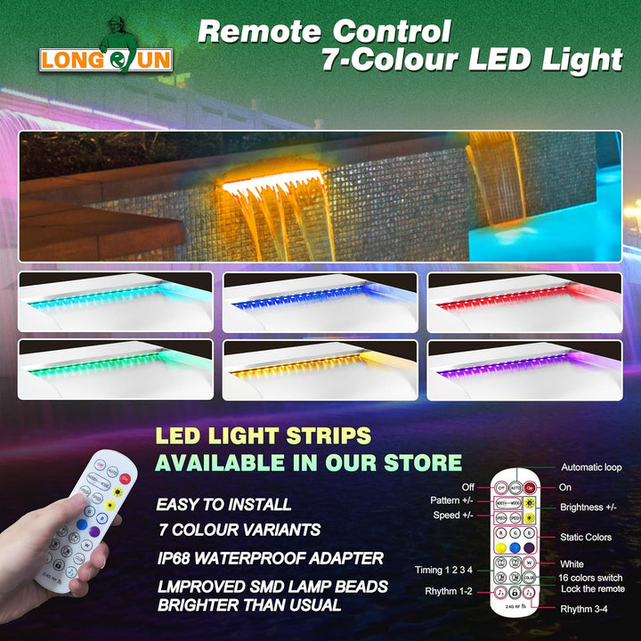 LONGRUN 30cm Teich Wasserfall Set,304 Edelstahl Pool Wasserfall mit RGB LED und Fernbedienung, Breit