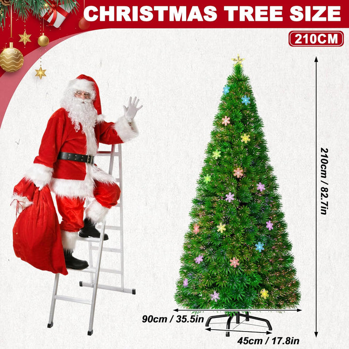 Aufun Weihnachtsbaum Künstlicher 210 cm mit LED Glasfaser und Schneeflocken Weihnachtsdeko Christbau