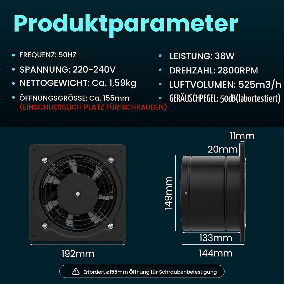 HG Power Abluftventilator 150mm - Badlüfter Leiser mit Rücklaufklappe, Geschwindigkeitsregler, Steck