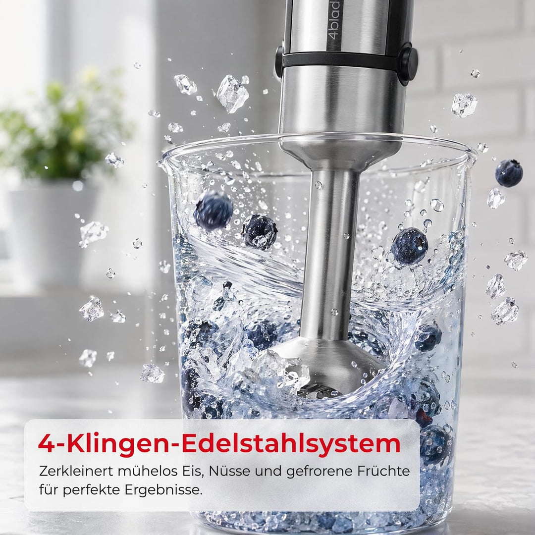 Trisa Stabmixer, 1200W, Edelstahl Pürierstab, Hand Blender mit 4-Klingen-Cutter, variable Geschwindi