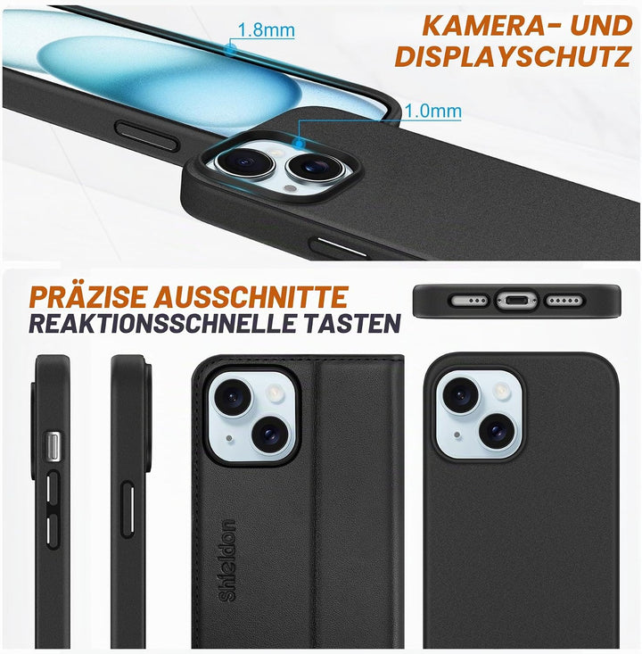 SHIELDON Hülle für iPhone 15, Echtleder Handyhülle [Abnehmbar] [kabelloses Laden] [Kartenfach] [Stän