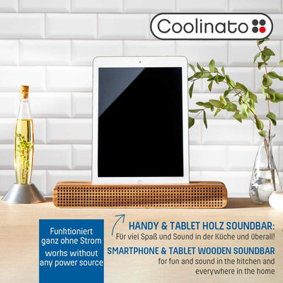 Coolinato Soundbar Holz, Halterung 30x4x9cm für Smartphone und Tablet, Handyständer und Verstärker,