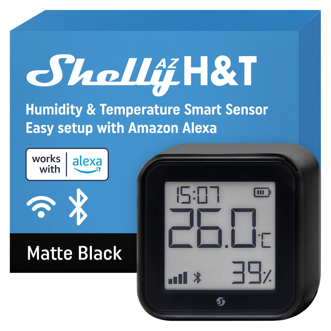 Shelly AZ H&T Schwarz, WLAN Smart Temperatur- und Feuchtigkeitssensor, Schnelle Verbindung mit Alexa
