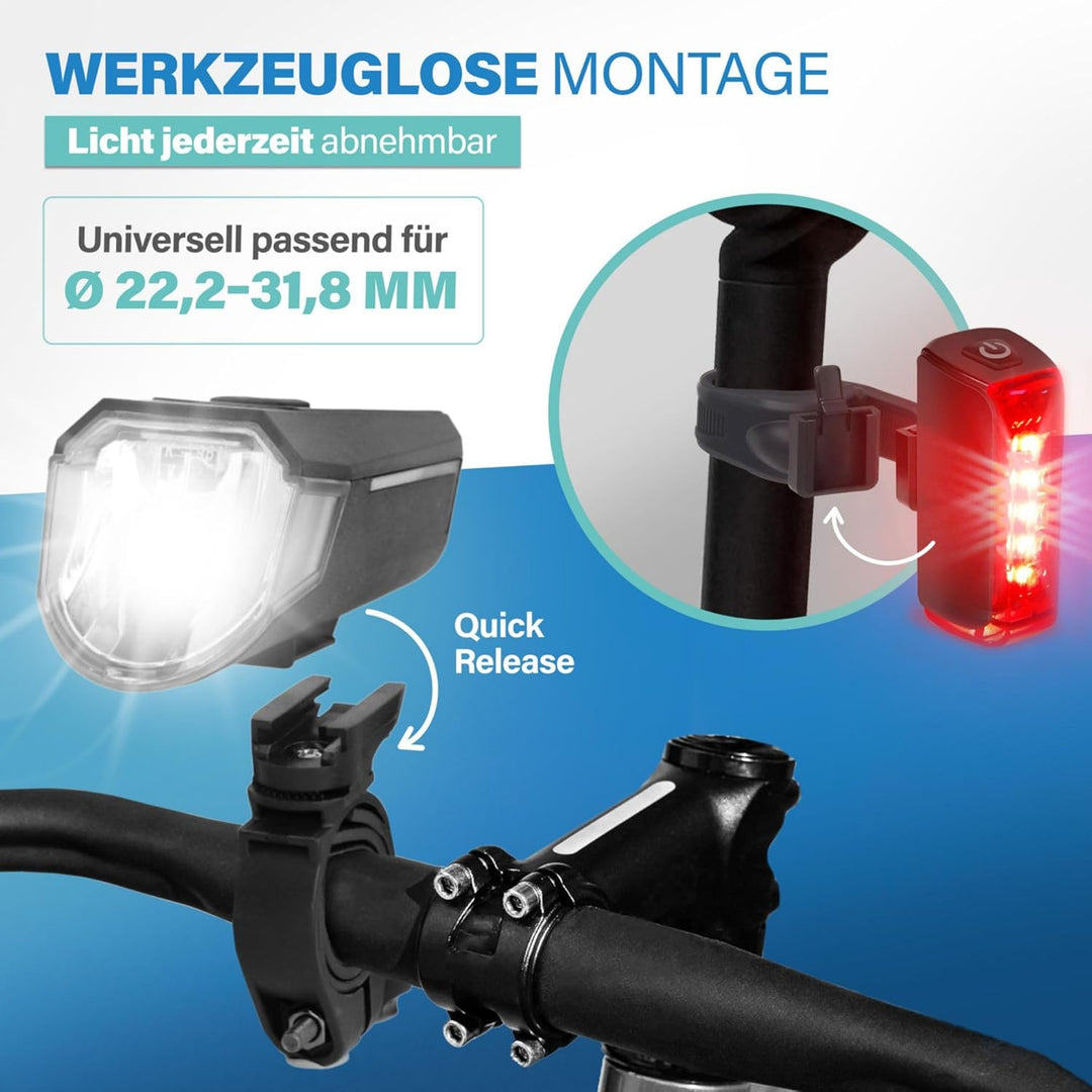 Fischer Twin Fahrradlicht Set, 360° Bodenbeleuchtung, LED Fahrradlampe 80 Lux, Akku aufladbar mit US