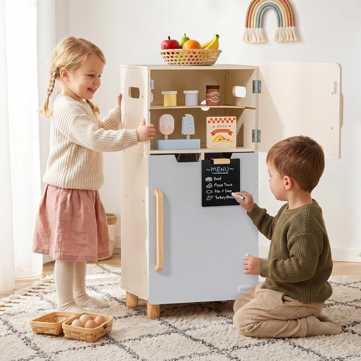 ROBUD Holzspielzeug-Kühlschrank-Set, Rollenspiel-Kühlschrank für Kinder mit Tafel, Gefrierfach, Kühl