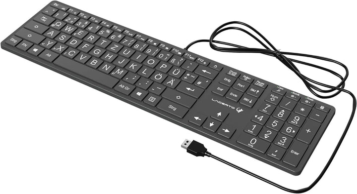 Lacerto® | Deutsche Tastatur (QWERTZ) mit grossen Buchstaben, weisser LED-Beleuchtung & USB-Anschlus
