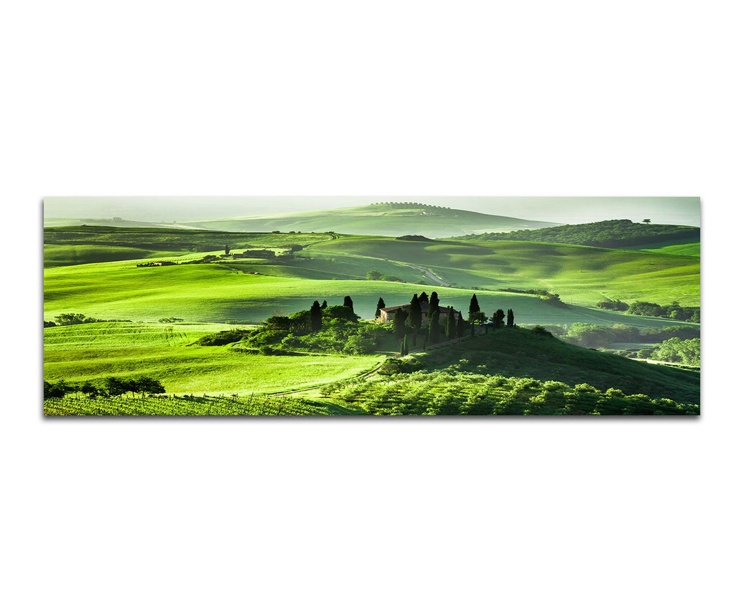 Paul Sinus Art Panoramabild auf Leinwand und Keilrahmen 150x50cm Toskana Wiesen Bäume Haus Sonnenauf