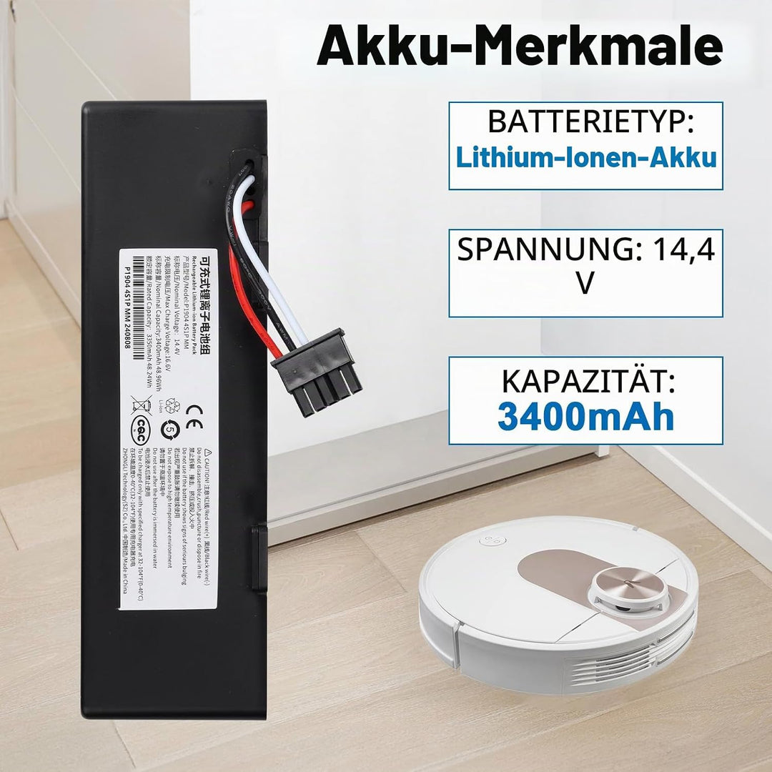 14,4 V 3400 mAh 48,96 Wh Ersatzakku für Xiaomi Mijia STYTJ02YM &amp; Mop 2S / Mop Pro/Mop P/Viomi SE V3