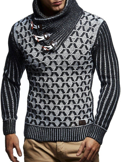 Leif Nelson Herren Strick-Pullover Schalkragen Slim Fit Winter Sommer Moderner Männer schwarzer Pull
