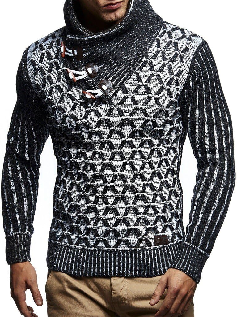 Leif Nelson Herren Strick-Pullover Schalkragen Slim Fit Winter Sommer Moderner Männer schwarzer Pull